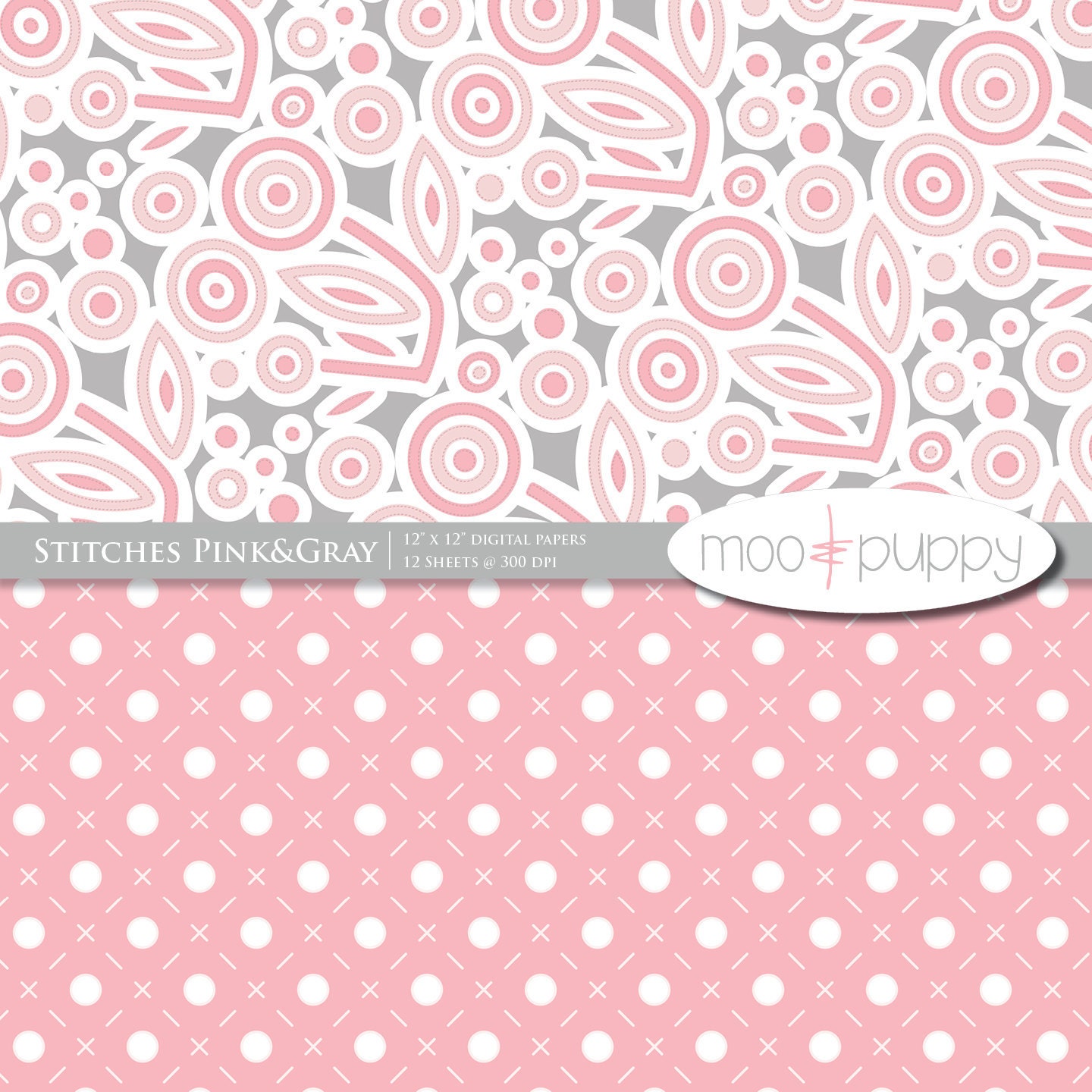 Digital Scrapbook Paper - Stitches Pink&Gray -- INSTANT DOWNLOAD