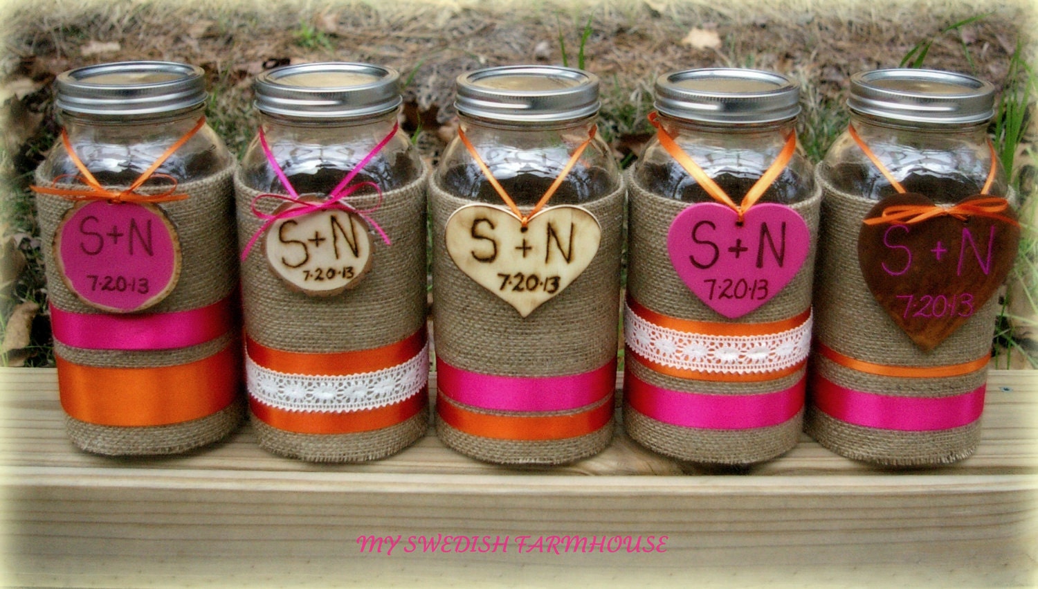 MASON JAR Vase Table Centerpiece (3) Burlap Lace 2 Quart Jar with Personalized Wood Heart Rustic Wedding Decor Table Centerpiece
