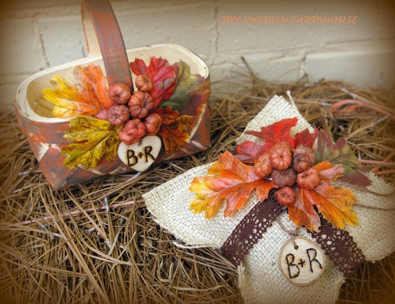 Flower Girl Basket and Ring Bearer Pillow Set Rustic Fall Wedding Decor Personalized with Wood Heart Charm