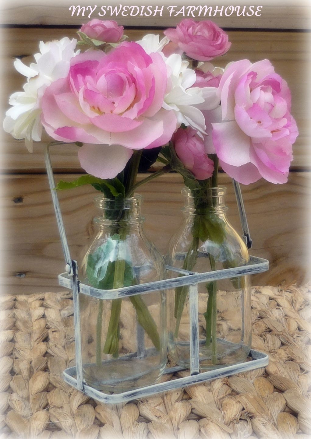 Wedding Table Centerpiece Flower Vase 2 Milk Bottles in a Distressed and Painted Metal Crate Personalized Heart (your color of choice)