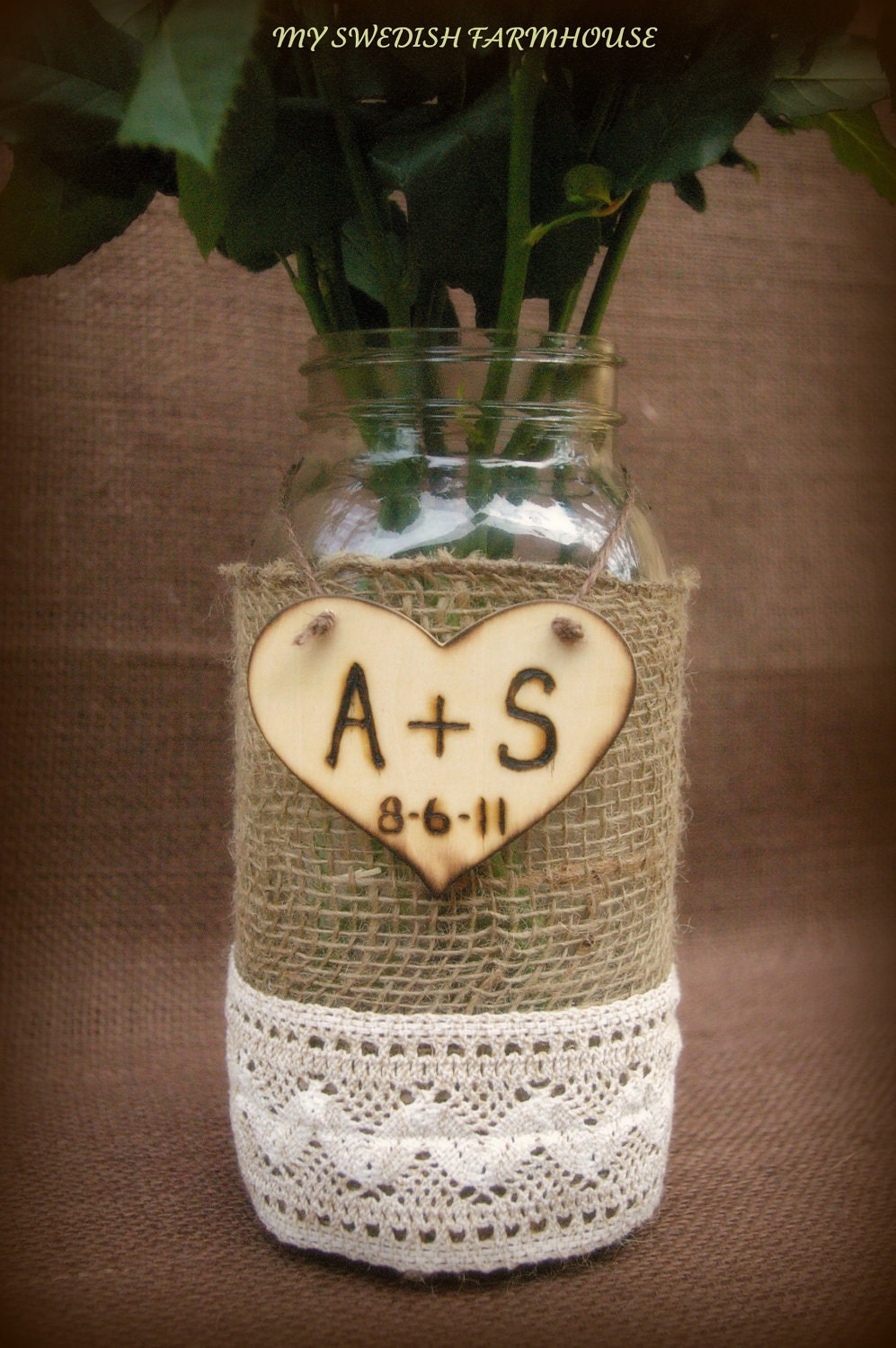 LARGE MASON JAR Flower Vase Burlap Lace 2 Quart Jar with Personalized Wood Heart Rustic Wedding Decor Table Centerpiece