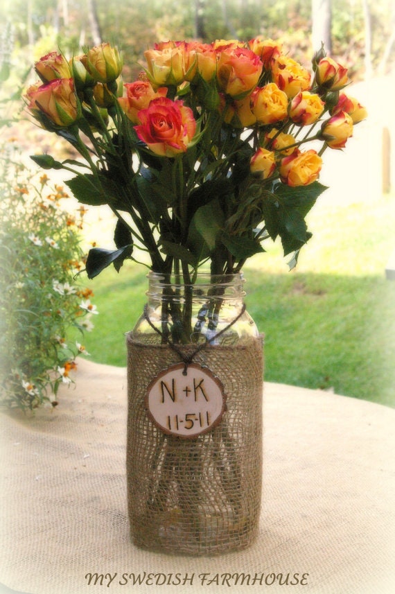 LARGE MASON JAR Flower Vase Burlap Lace 2 Quart Jar with Personalized Wood Heart Rustic Wedding Decor Table Centerpiece
