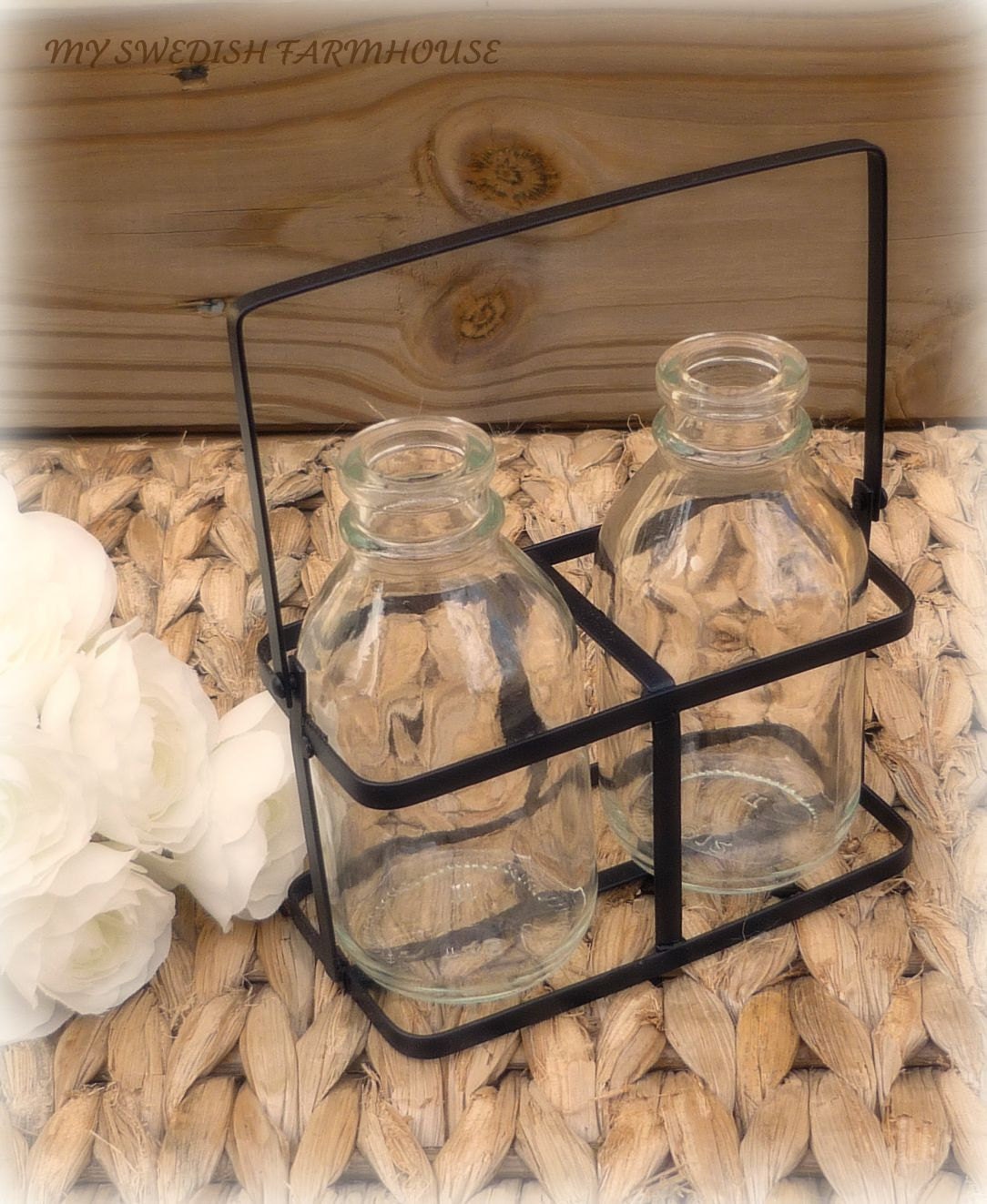 Wedding Table Centerpiece Flower Vase 2 Milk Bottles in a Distressed and Painted Metal Crate Personalized Heart (your color of choice)