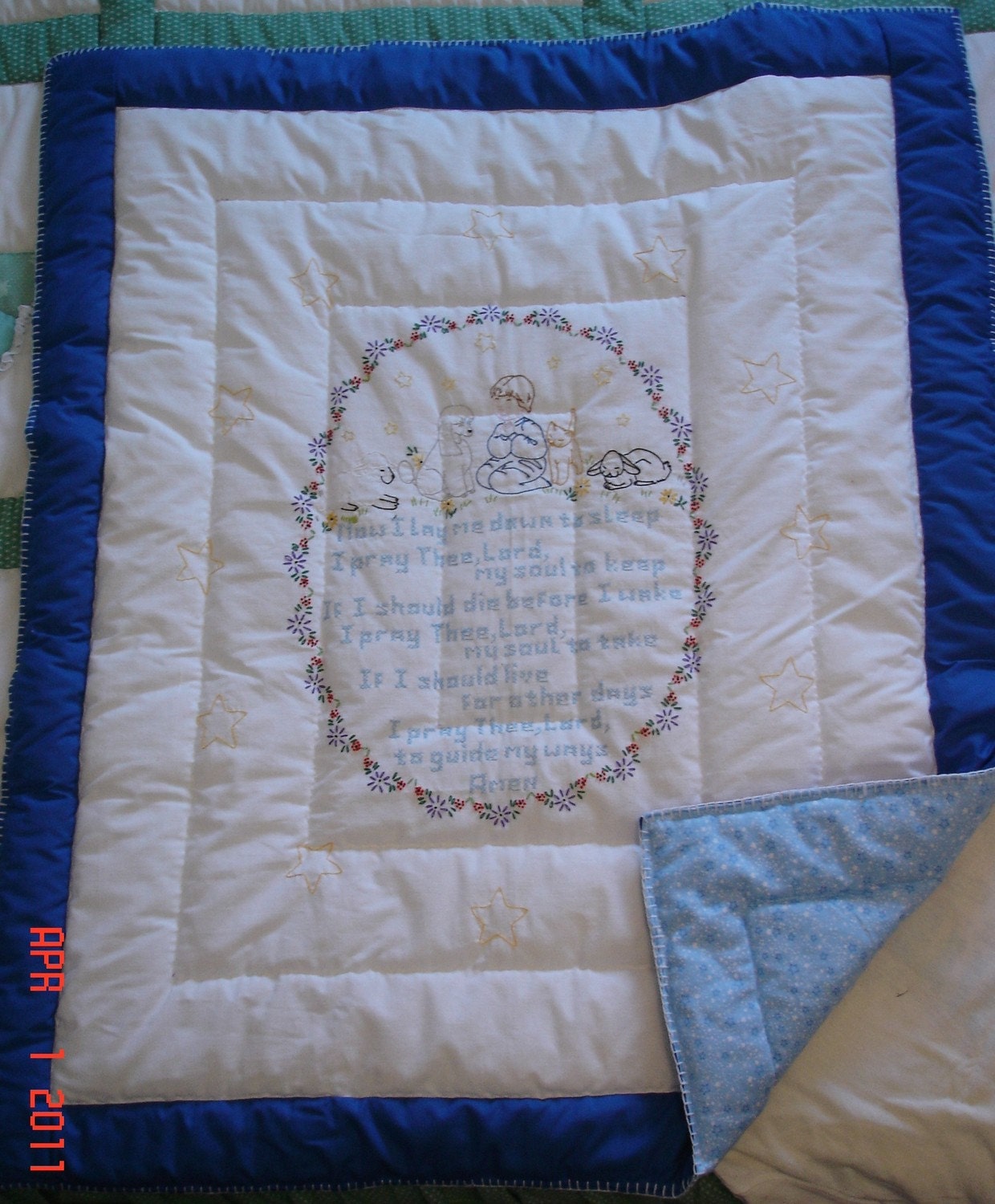 Hand Embroidered Baby Quilt White & Blue