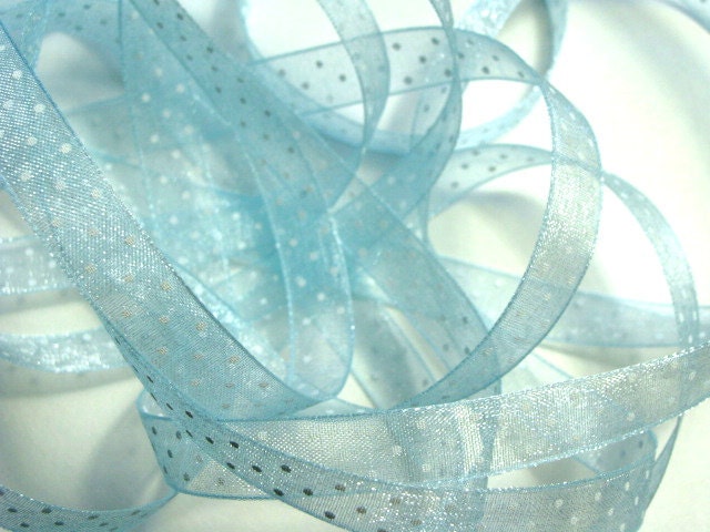 5 yds. 3/8" Dotted Organza Ribbon -  Light Blue with White Dots