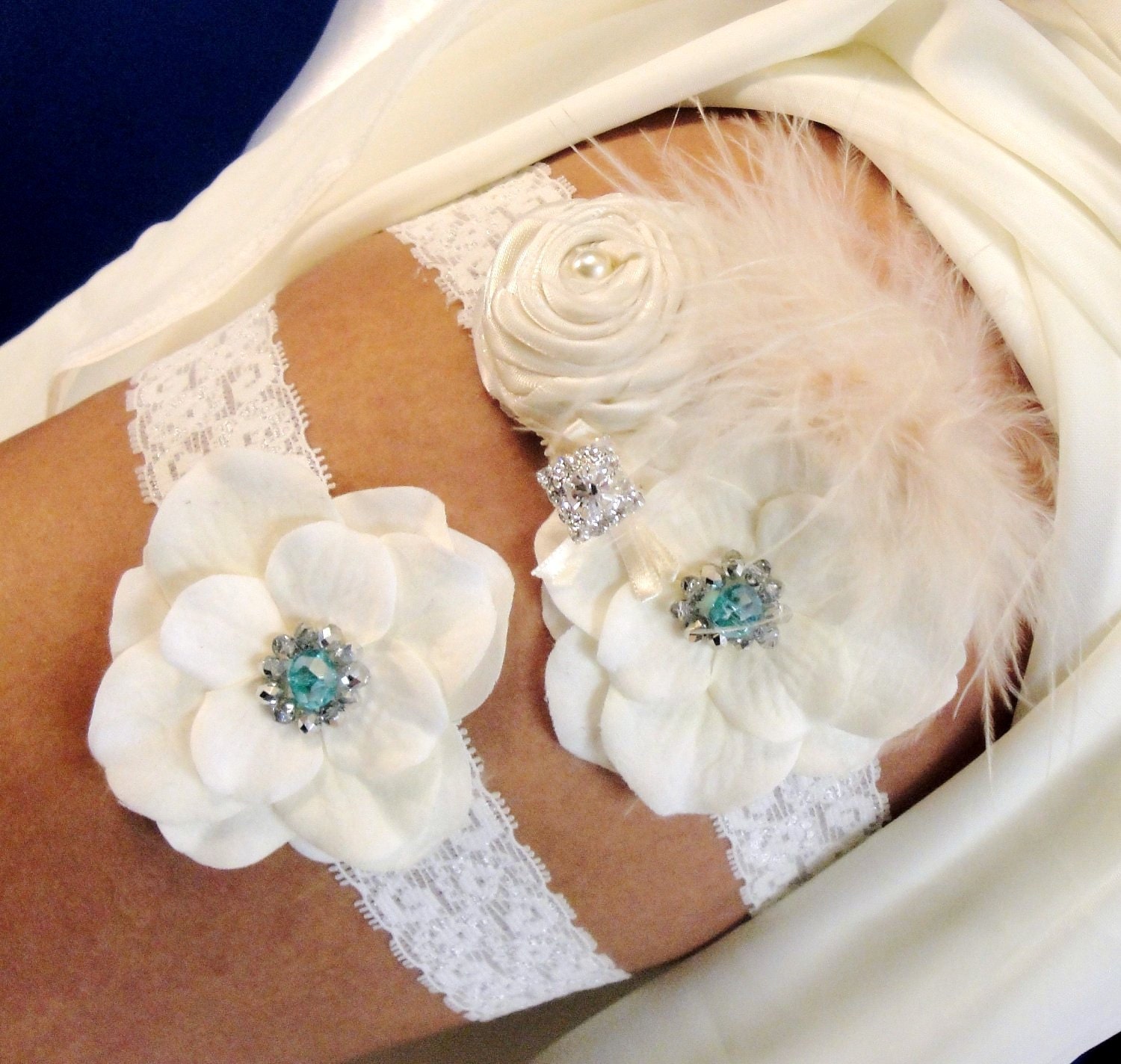 Garter, Bridal Garter, Bridal Garter Set, Wedding Garter, Ivory Dupani Silk and Blue Swarovski Crystals