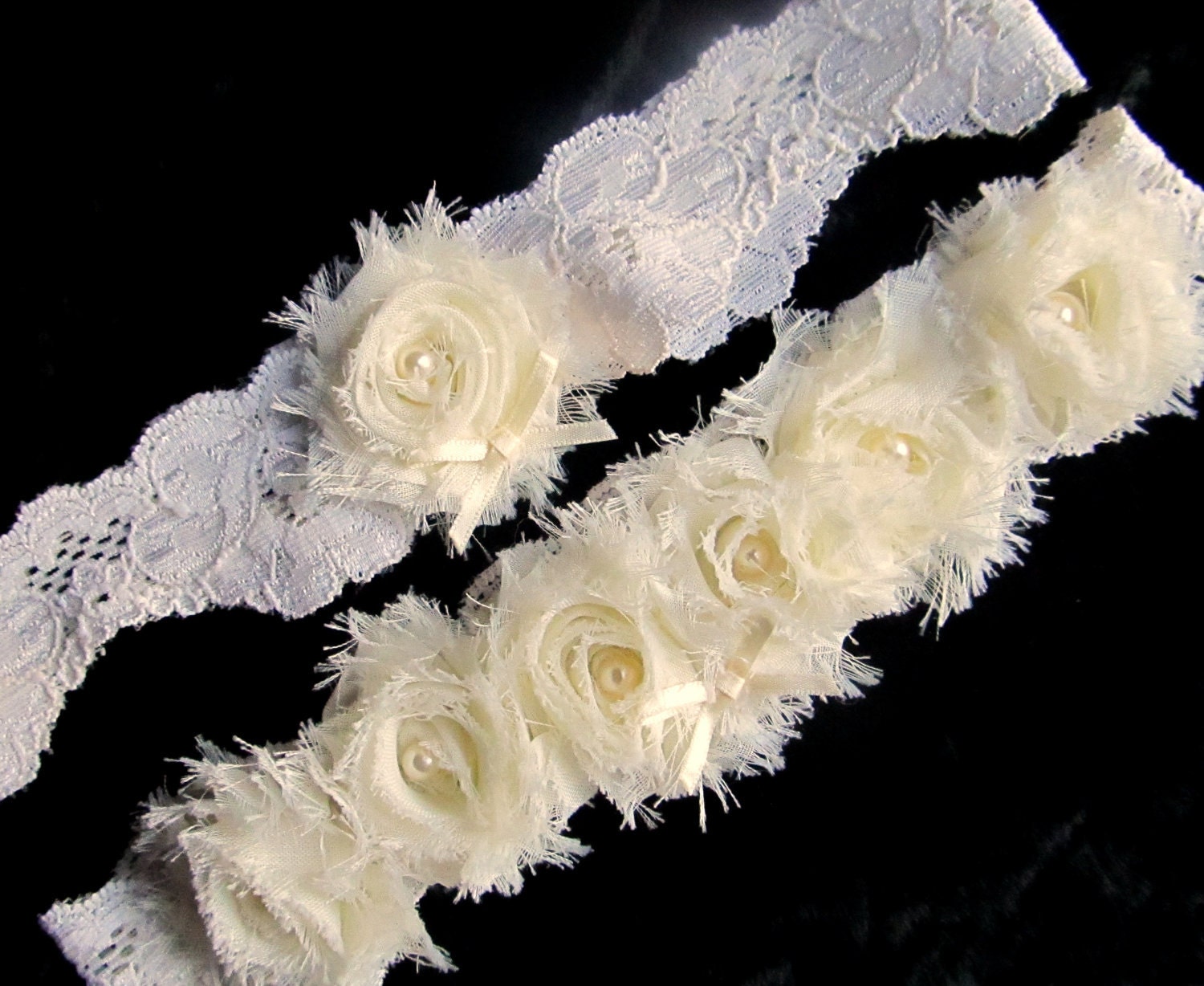 Vintage Inspired Bridal Garter Set - Cream Chiffon and Scalloped Lace