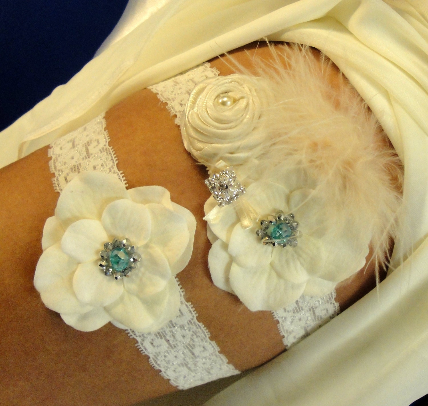 Garter, Bridal Garter, Bridal Garter Set, Wedding Garter, Ivory Dupani Silk and Blue Swarovski Crystals