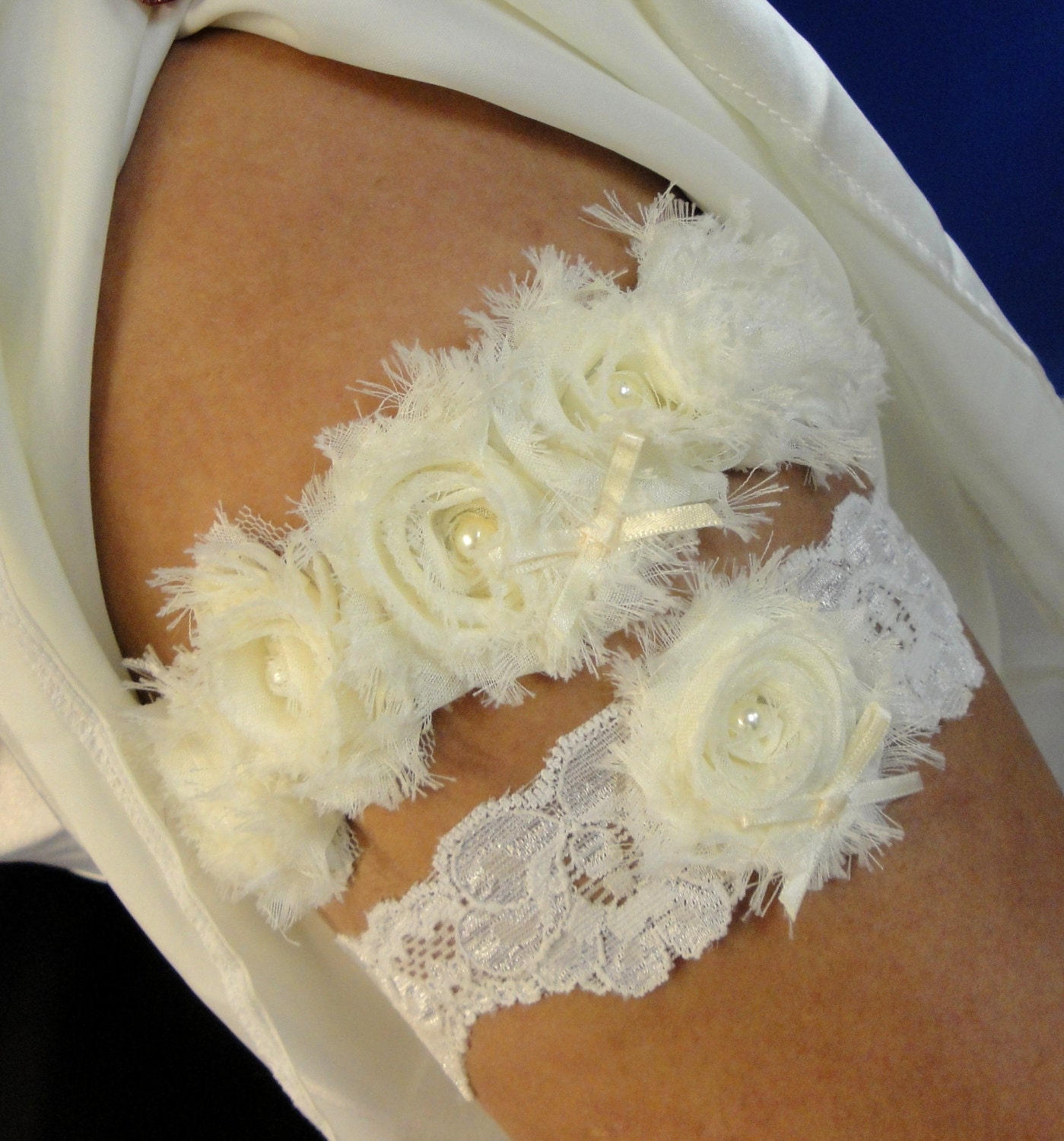 Vintage Inspired Bridal Garter Set - Cream Chiffon and Scalloped Lace