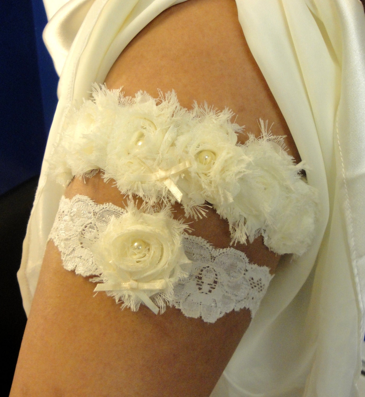 Vintage Inspired Bridal Garter Set - Cream Chiffon and Scalloped Lace