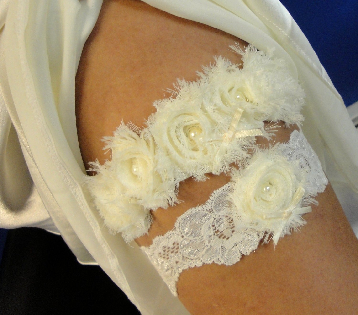 Vintage Inspired Bridal Garter Set - Cream Chiffon and Scalloped Lace