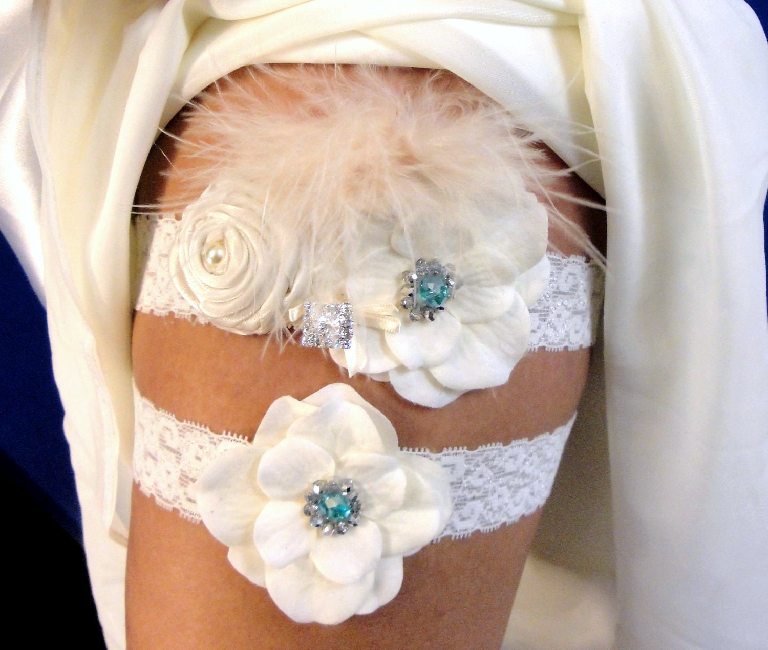 Garter, Bridal Garter, Bridal Garter Set, Wedding Garter, Ivory Dupani Silk and Blue Swarovski Crystals