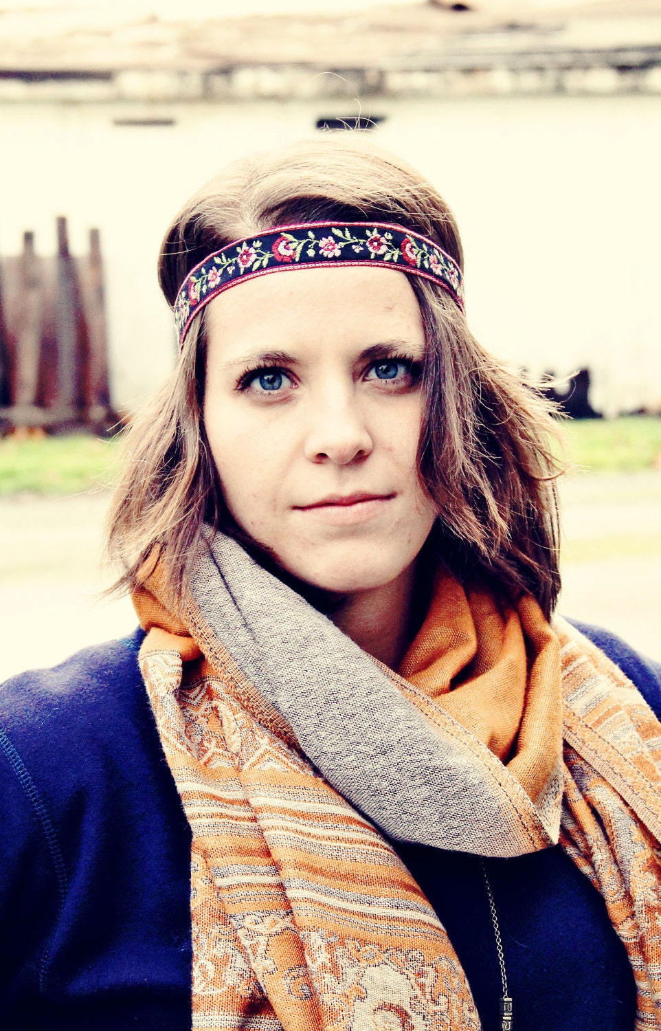 The Rosy Posy Boho, Bohemian Headband, Indie, elastic closure, Feminine Print