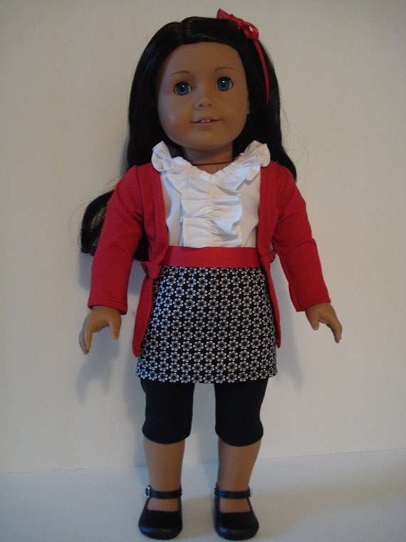 18" American Girl Doll outfit black skirt, white blouse and red jacket