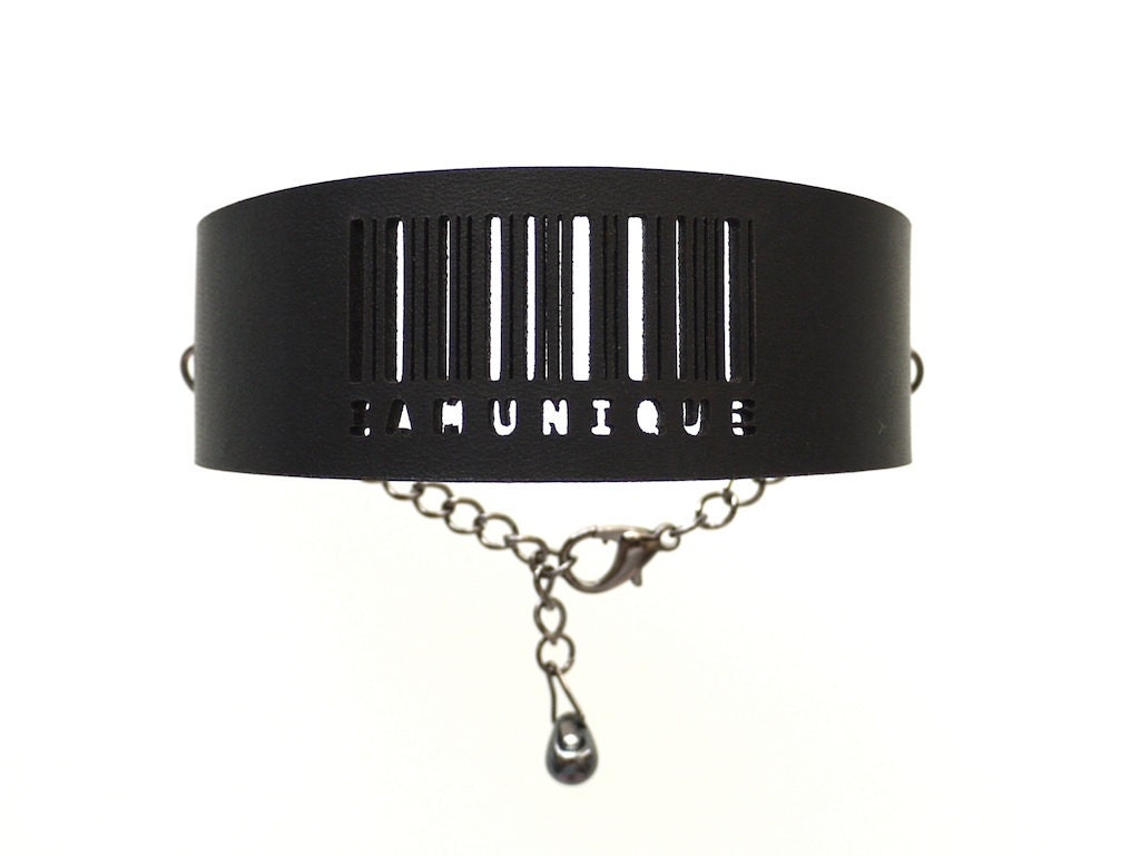 Slim Barcode Cuff in Black, IAMUNIQUE adjustable size with gumetal chain. modern jewelry, black leather cuff bracelet
