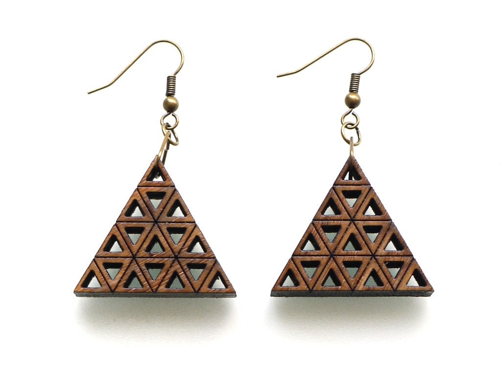 eco friendly fashion - Bamboo Accumulated Triangle Earrings.  natural bamboo, modern minimalist jewelry. geometric wood earrings
