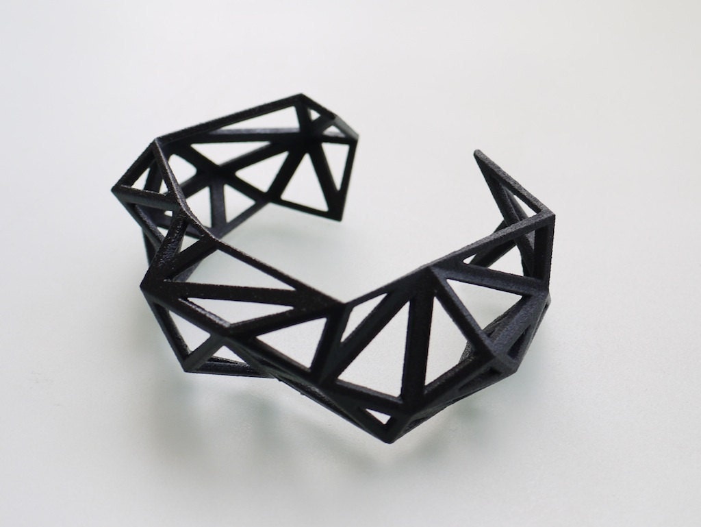 Triangulated Cuff bracelet in Black. 3d printed. modern statement jewelry. black geometric jewelry