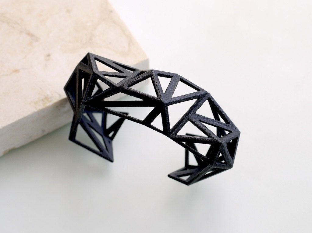 Triangulated Cuff bracelet in Black. 3d printed. modern statement jewelry. black geometric jewelry