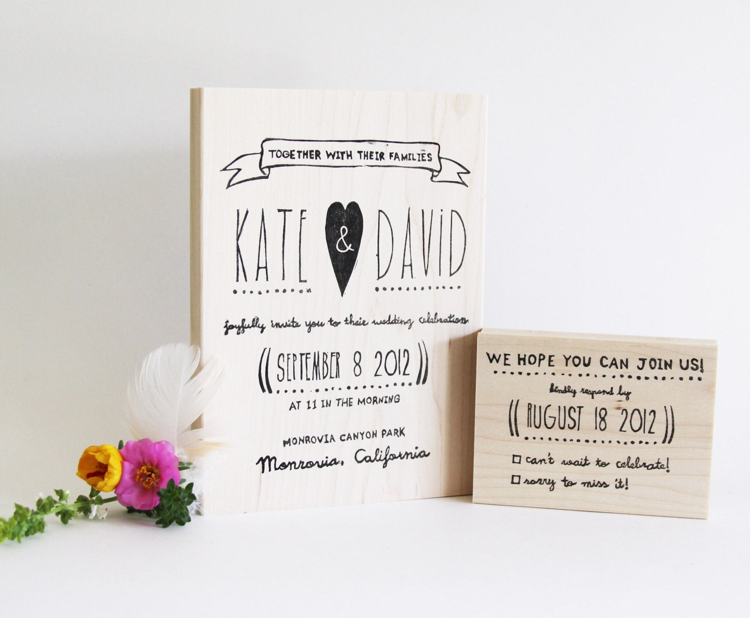 Whimsical Heart Wedding Invitation and RSVP stamp, 5"x7"