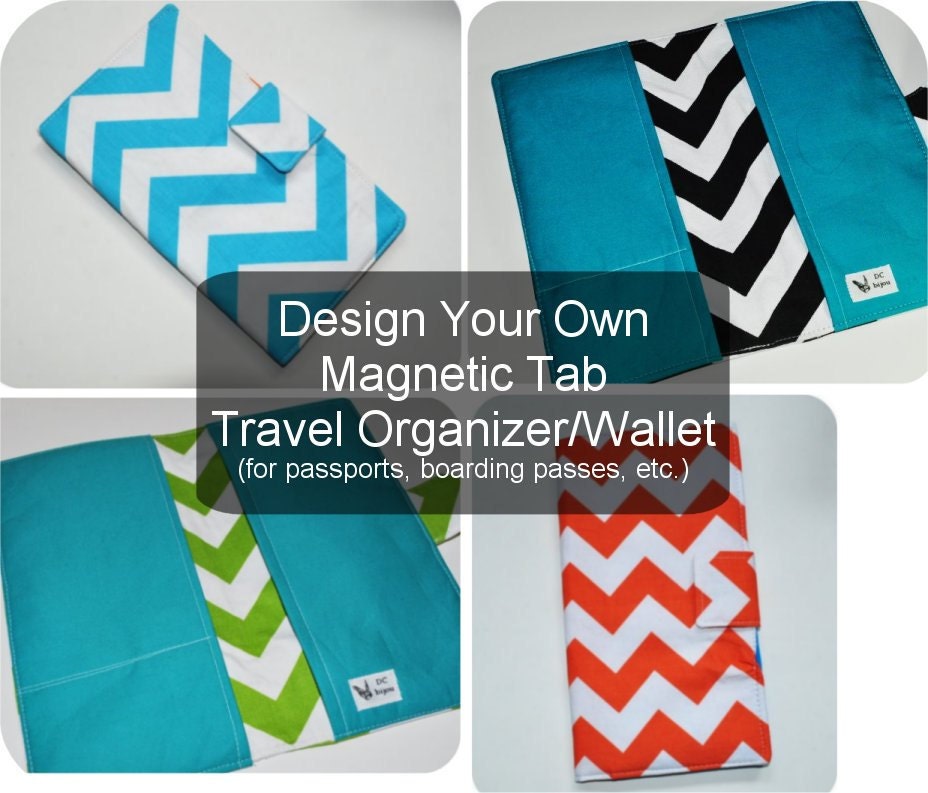 Chevron Print Travel Organizer. Fabric Travel Wallet. Magnetic Clasp Tab Closure. Design Your Own.