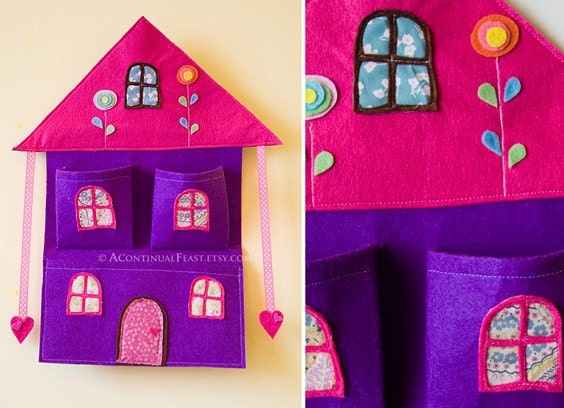 Felt & Fabric Purple House Bow Holder and wall hanging pocket
