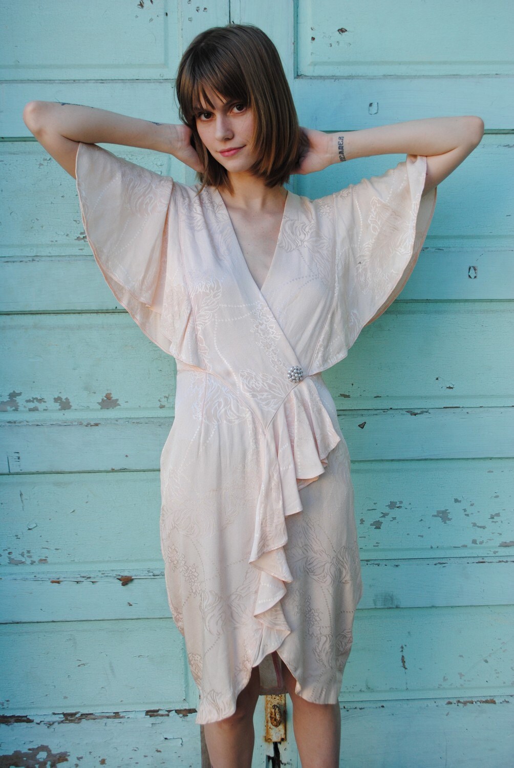 Vintage Baby Pink Flutter Sleeve Dress Size 4 S/M