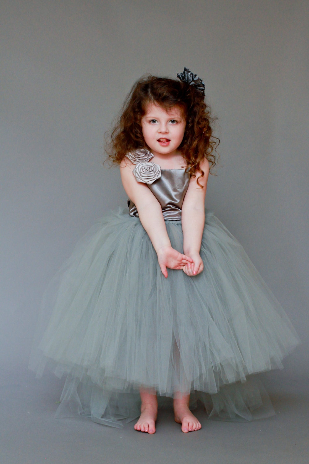 The Autumn..Incredible Gunmetal Grey Satin Top with Grey Hand Rolled Roses and Full Grey Tutu Skirt