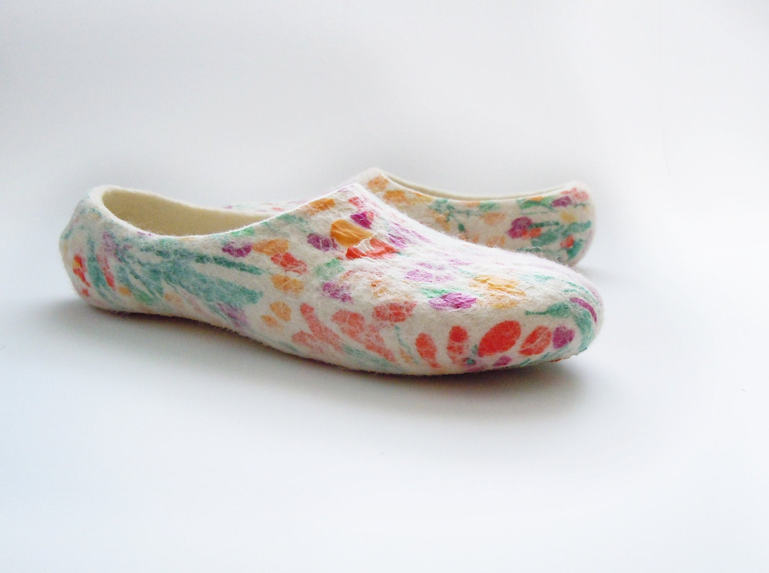Felted wool slippers of summer colours, decorated with silk