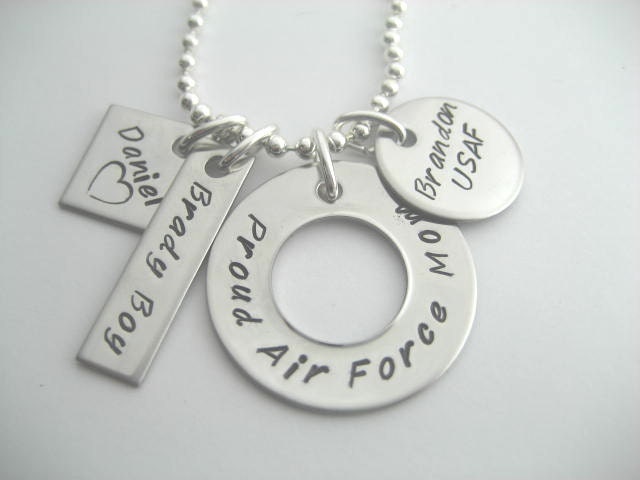 Proud Air Force mom, handstamped stainless steel necklace