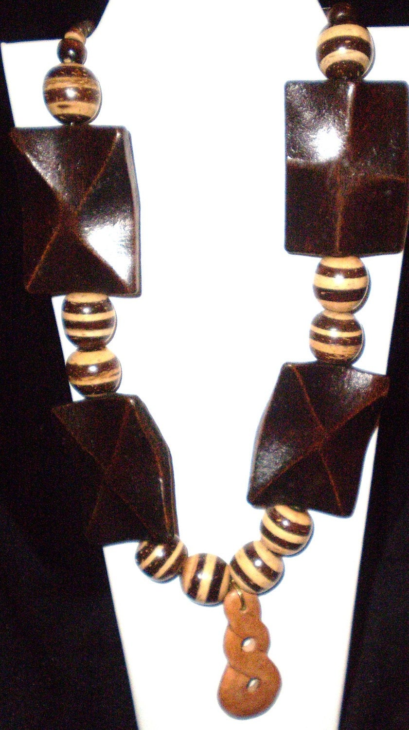 Necklace and Earrings Set Dark Brown Large Wood and Lighter Brown Wood Beaded Adjustable