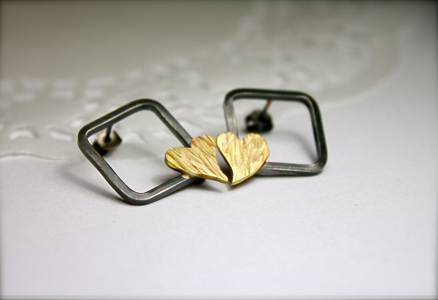 Sterling Silver Square Earrings-Square Heart Stud Earrings-Silver Square Post Earrings-Talking Hearts Earrings
