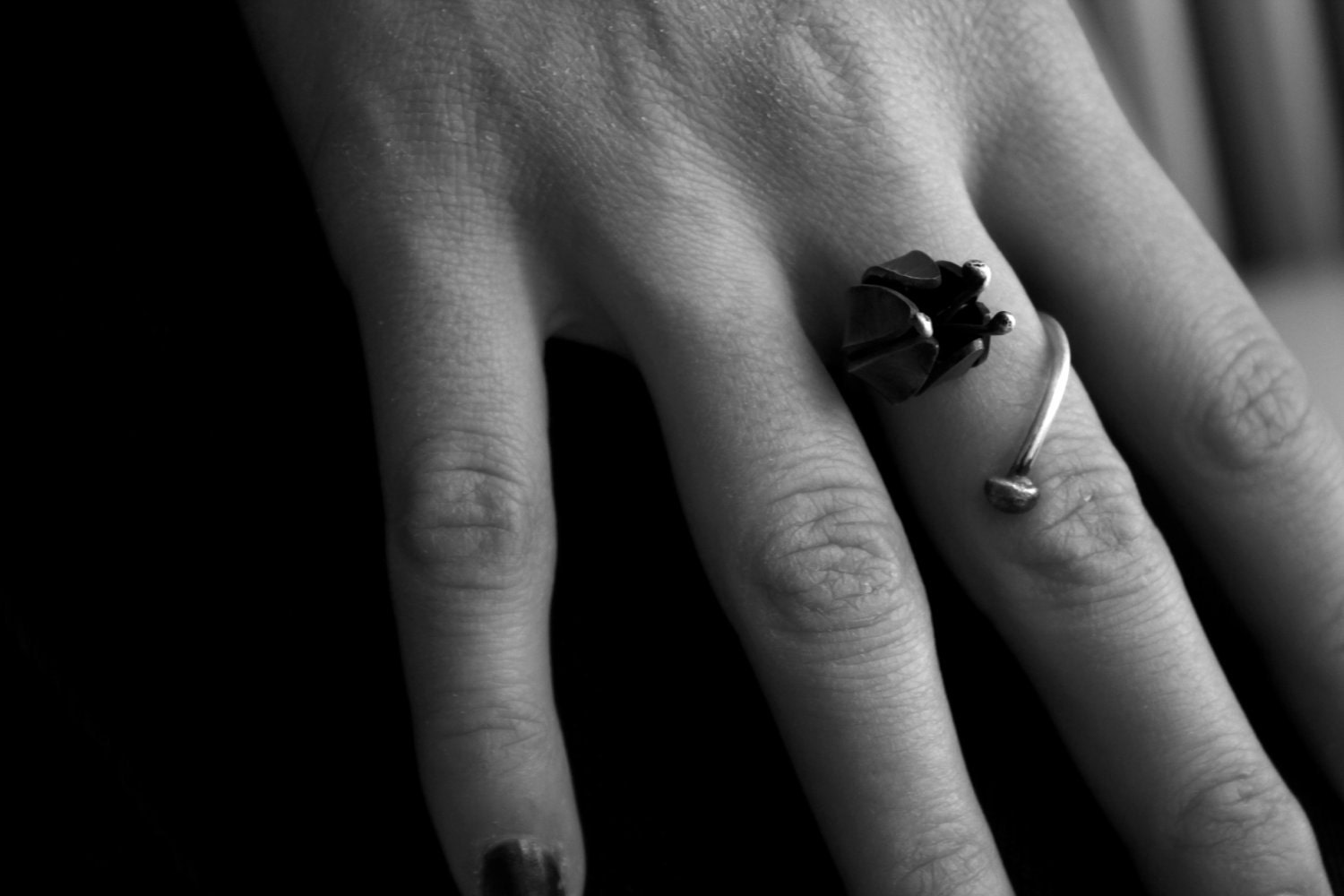 Black Tulip Sterling Silver Wrap Ring- Dark Romantic-Oxidized-Chic-Elegant-Feminine-Adjustable-Fairy-Unique-Quirky