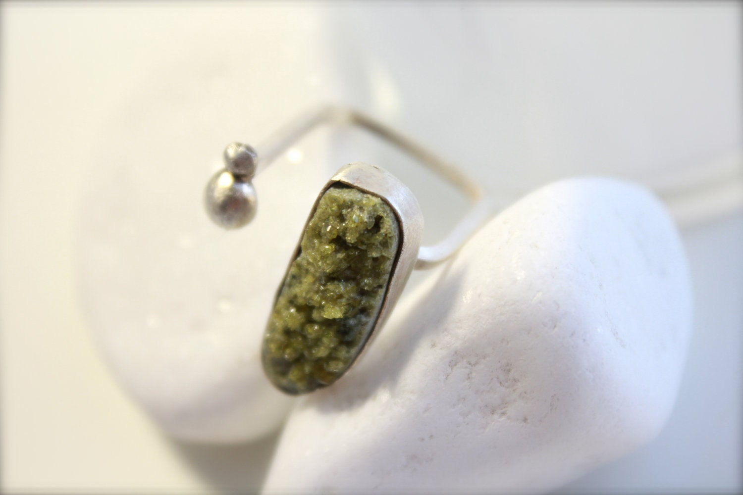 OOAK Sterling Silver Square Ring with Green Rough Druzy Epidote Stone-Handmade Bezel- Modern-Unique-Size 7