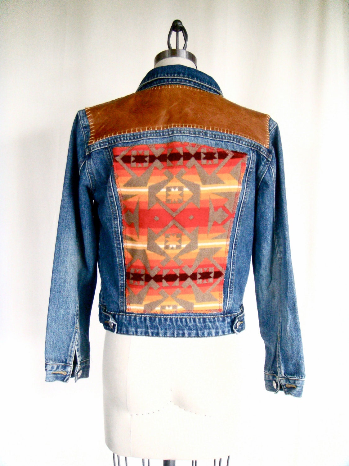 Levi Denim Jacket with Handstiched Leather & Pendleton Back.