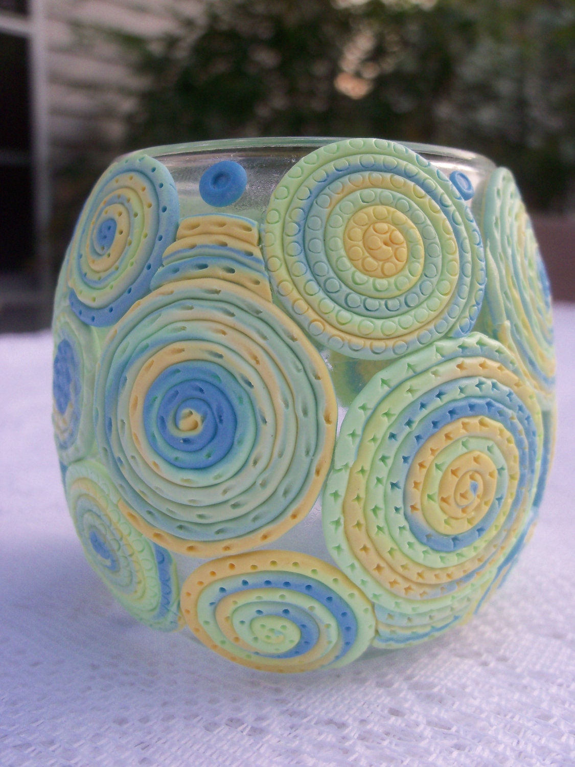 Candle Holder, Polymer Clay Decorated Votive Holder - Summery Pastels