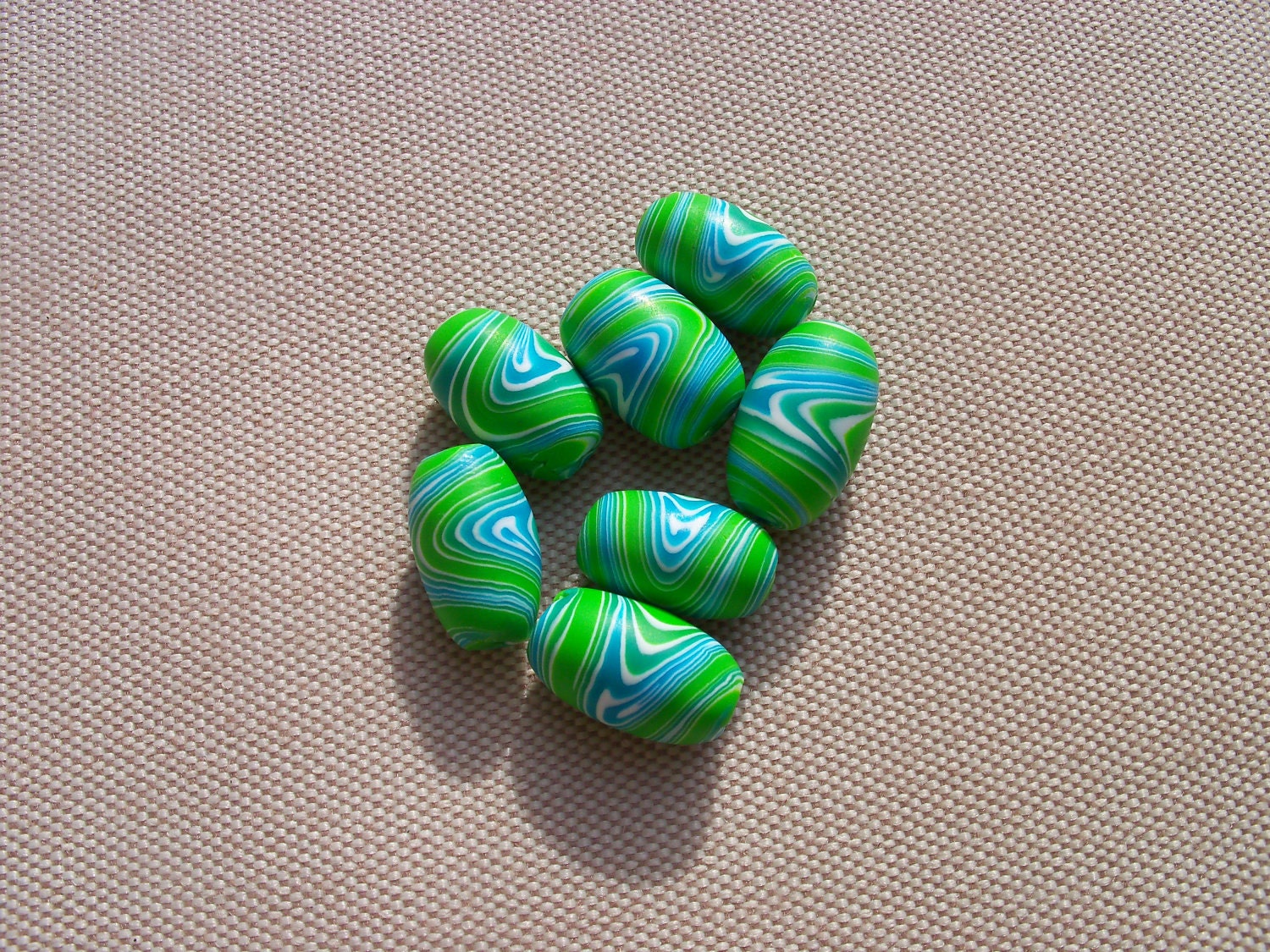 Polymer Clay Beads, set of 7, green, blue and white