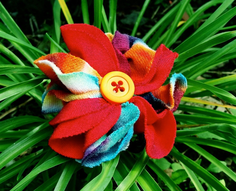 Ponytail tie fiery red flower, fabric blossom