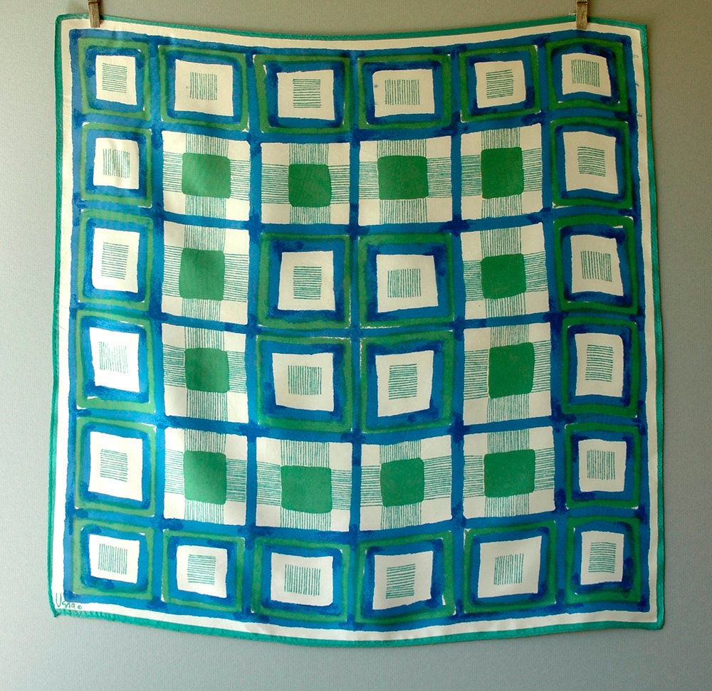 Vintage Vera Scarf Modernist Squares in Green / Blue