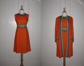 Vintage 1960s Dress Set Orange with Purple and Green Trim and Ornate Buckle