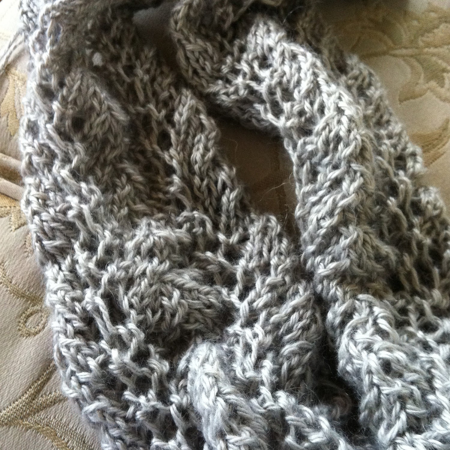 Scarf Silver Silk handmade knit: Scalloped Vine & Leaf Lace Silk and Kid Mohair Blend    Ready to Ship