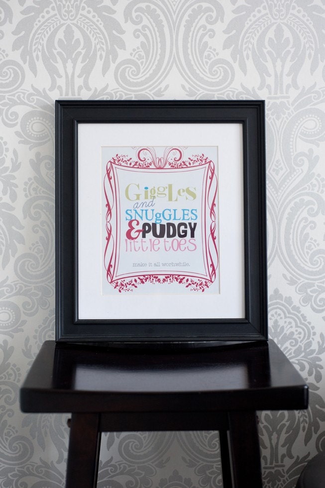 8x10 Nursery Print, Blue Red and Brown, Giggles and Snuggles