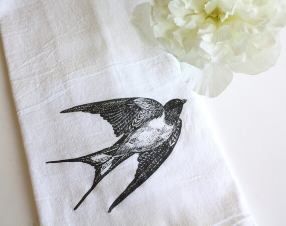 Flour Sack Towel, Cotton, Kitchen Towel, Hostess Gift, Housewarming Gift, Sparrow Bird