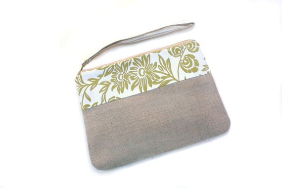 Large Natural Linen and Green Floral Cotton Print, Zipper, Wristlet, Clutch, Handbag, Purse, Strap-READY TO SHIP