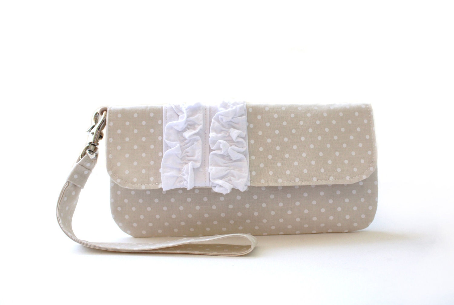 Wristlet Clutch, Beige Polka Dots, White Ruffles, Purse, Bag-READY TO SHIP