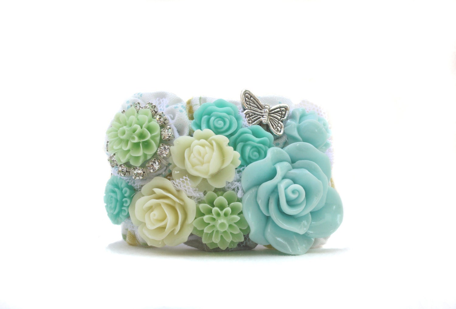 Cuff Bracelet, Butterfly, Aqua Blues, Mint and Pale Yellow, Unique, One of a Kind, Jewelry