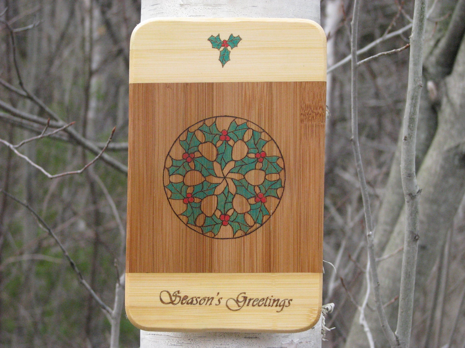 Christmas decoration- wood pyrography - holly wall hanging
