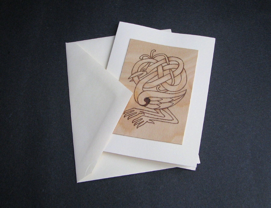 Greeting Cards - Wood Pyrography - Celtic heron No. 2 wood burned greeting card