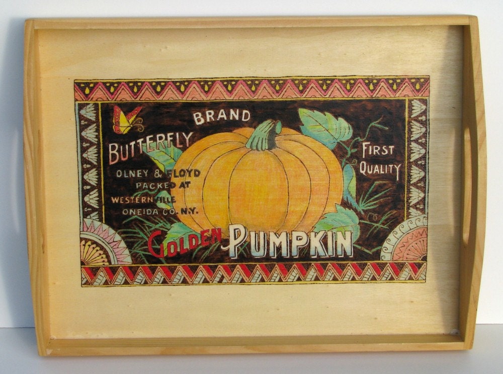 Serving Tray Decoration - Wood Pyrography - Pumpkin Fruit Crate Label wall art