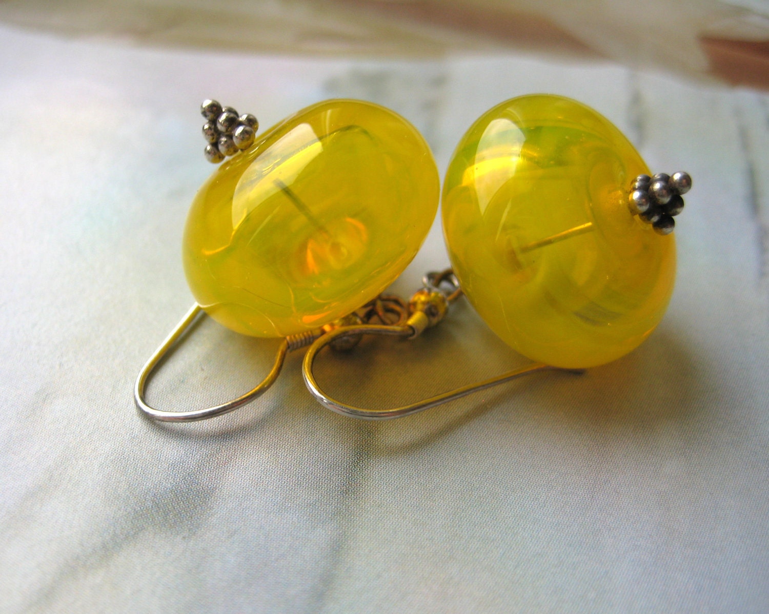 Yellow hollow glass earrings with silver, artisan lampwork beads