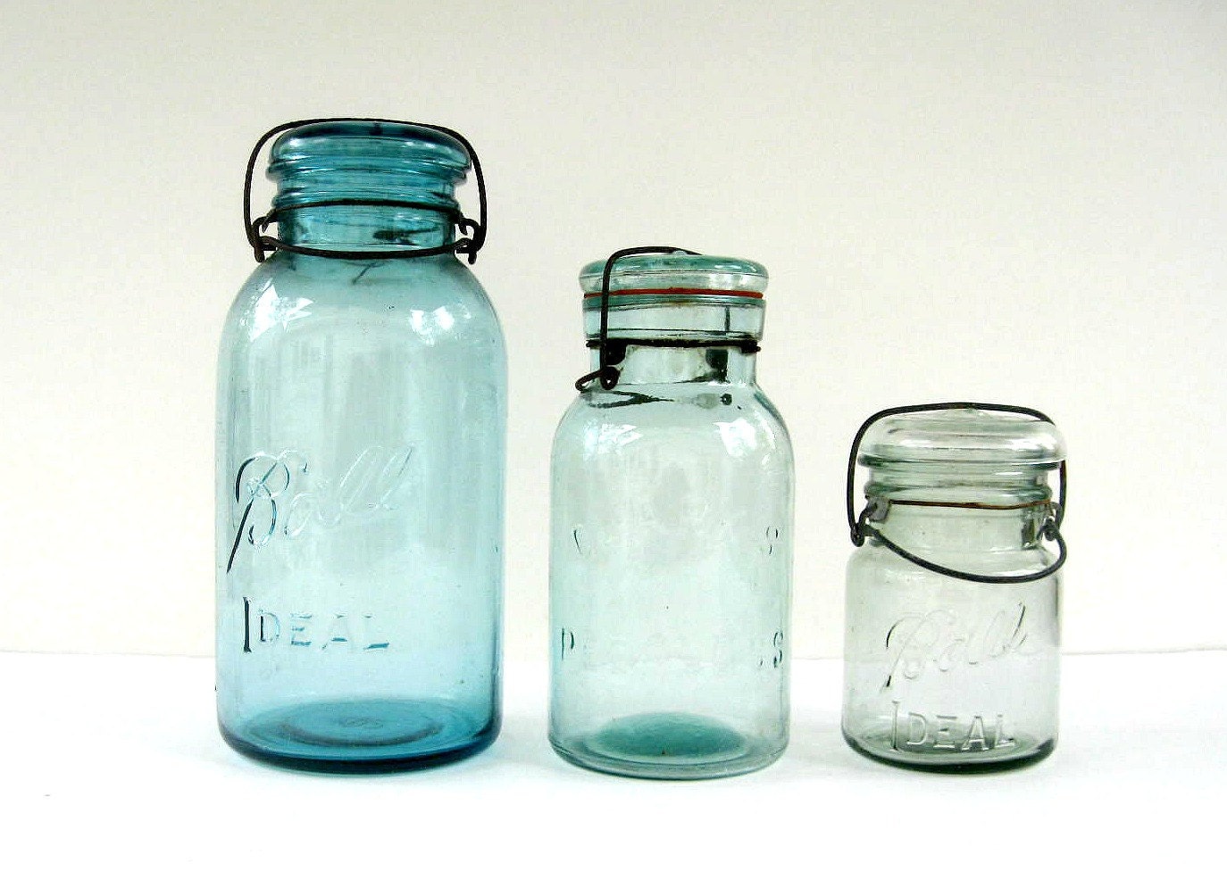 Antique Blue Mason Jars with Glass Lids - 1/2 gallon, quart and pint size - Set of 3 Ball and Clark's Jars